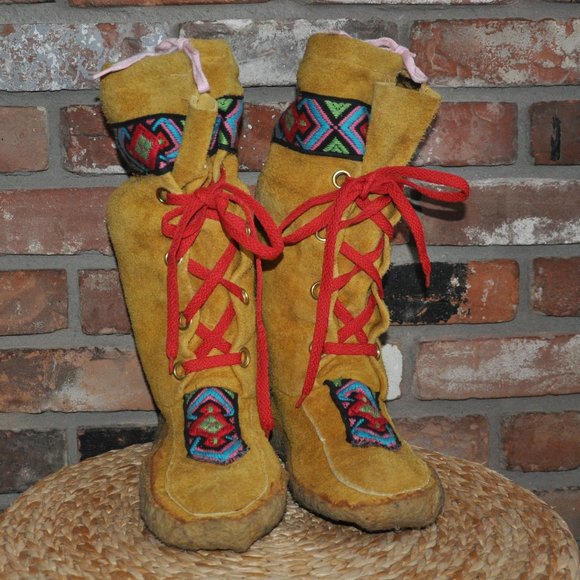 Vintage Other - Hand Made Natural Leather Suede Mukluk Winter Tall Mid-Calf Boots Tie-Up 42 US9
